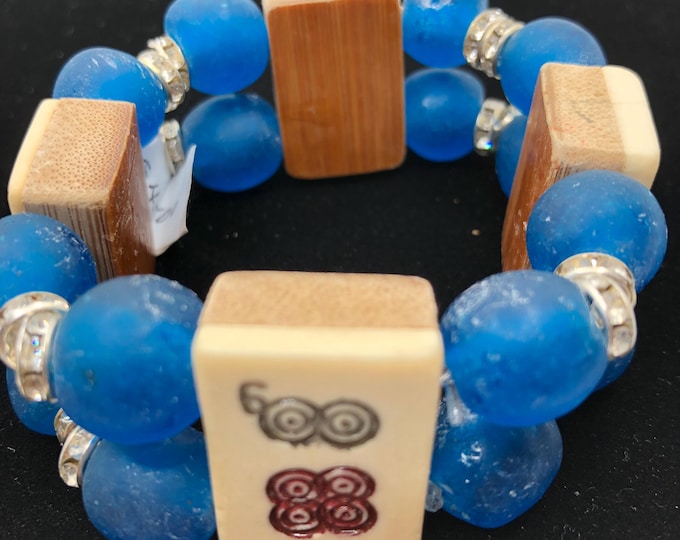 Mahjong stretch bracelet with 4 antique bone and bamboo tiles and African recycled glass beads