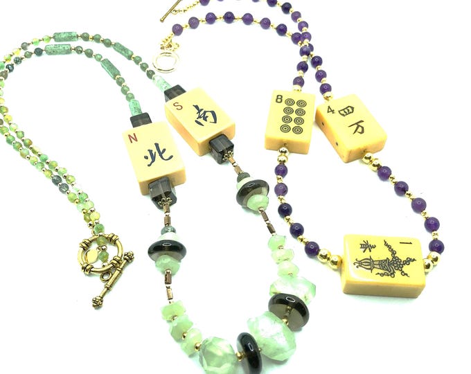 Moss Agate and Crystal Necklace with Antique Mahjong Tiles and Earrings