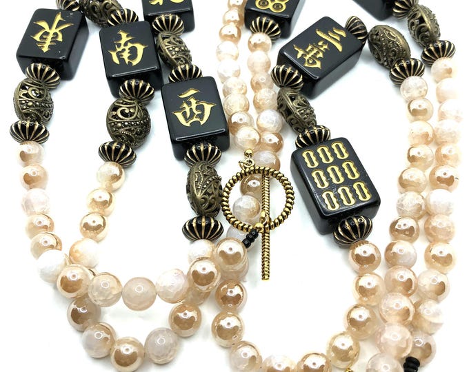 Black Mahjong tile necklaces with champaign beads