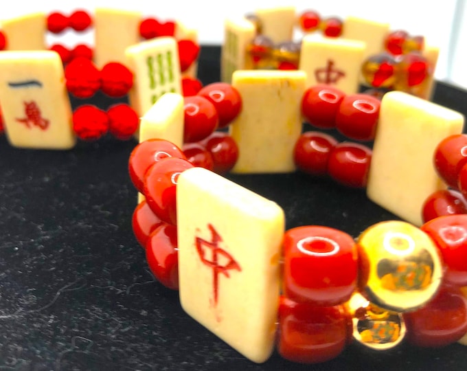 Red Mahjong Bracelets with Bone Tiles