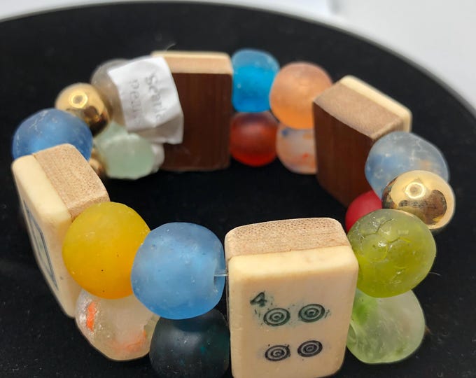 Mahjong stretch bracelet with 4 antique bone and bamboo tiles and African recycled glass beads