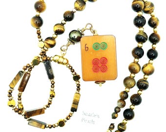 Tiger's eye mahjong necklace with antique Bakelite tile.