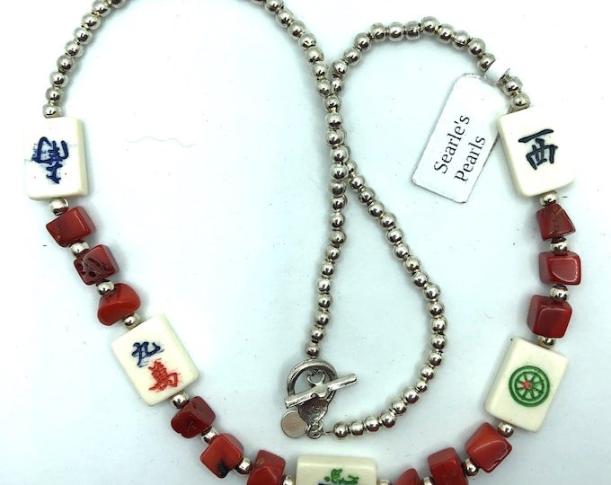Mahjong bone tile and bamboo necklace