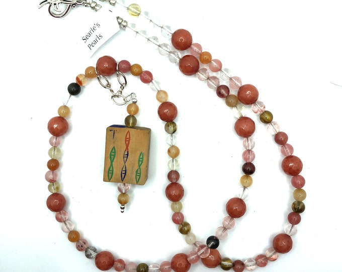 Peach aventurine and carnelian necklace with a wooden antique mahjong tile that is hand painted.