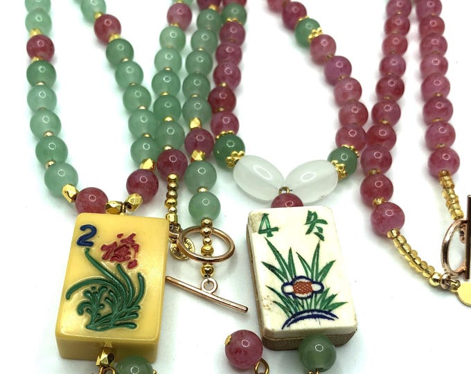Red and Green Jade Necklace with Antique Mahjong Tile Pendant