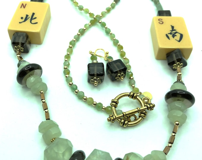 Moss Agate and Crystal Necklace with Antique Mahjong Tiles and Earrings