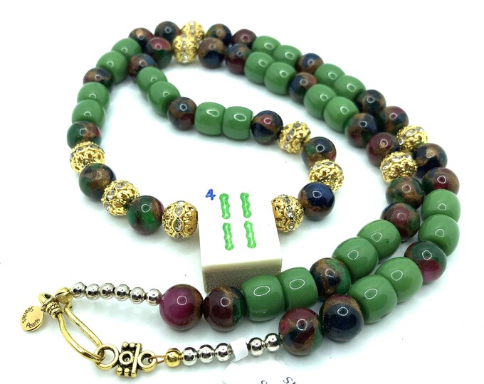 Jade and ruby in zoisite beaded necklace with gold beads and a 4 bam bone and bamboo mahjong tile.