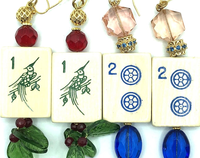 Mahjong earrings with wooden tiles