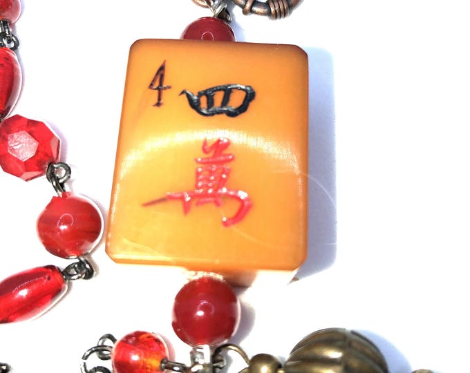 Delicate Red Glass Chain Necklace with Antique Mahjong Tile