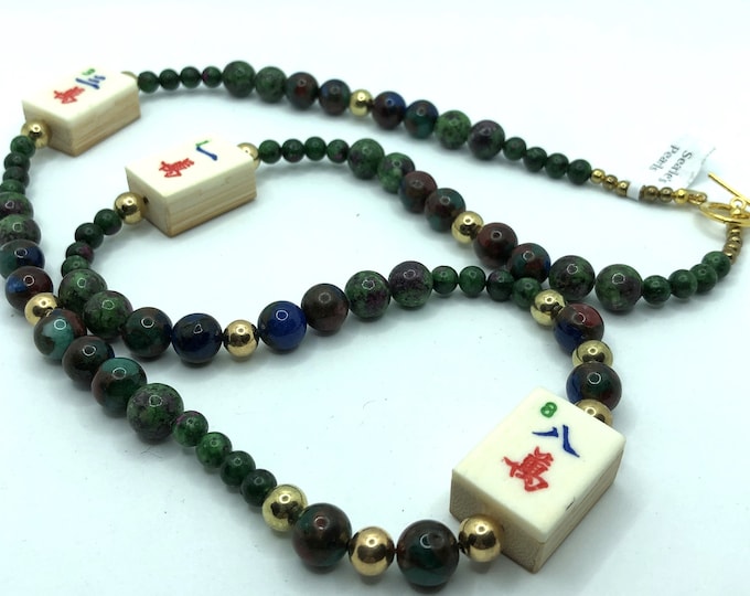 Beautiful mahjong necklace with bone and bamboo tiles and ruby in zoisite and gold beads