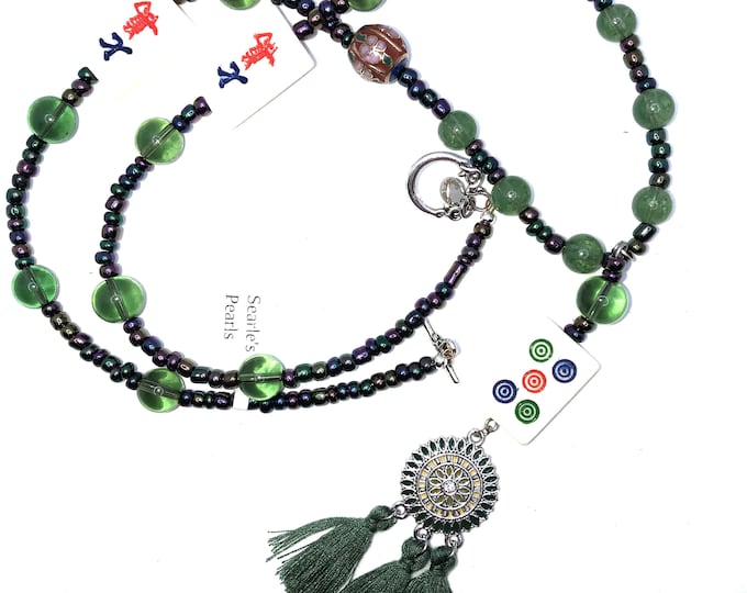 Glass and seed bead necklace with bone mahjong tile