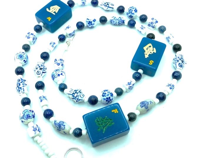Delph blue tile style bead and blue mahjong tile necklace