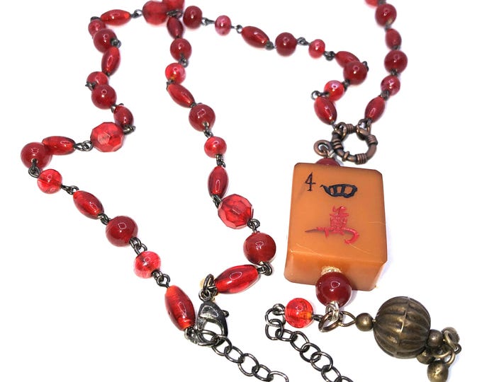Delicate Red Glass Chain Necklace with Antique Mahjong Tile