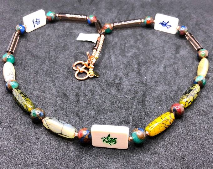 Mahjong necklace with glass and gem beads