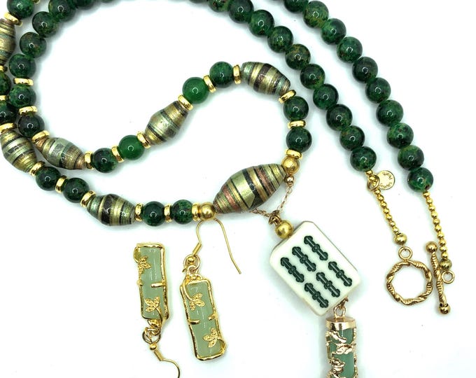 Mahjong pendant necklace and earrings with jade and paper beads.