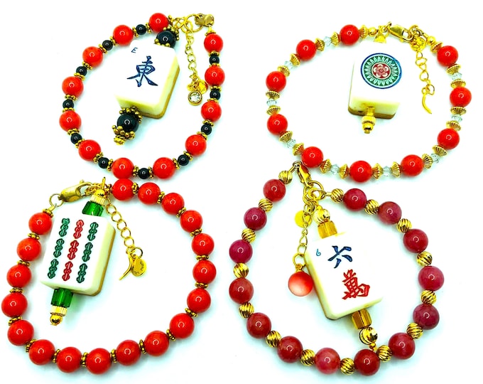 Red Jade Bracelets with Ivory Mahjong Tiles