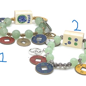 Mahjong charm bracelet in silver or gold tone with mahjong scoring coins