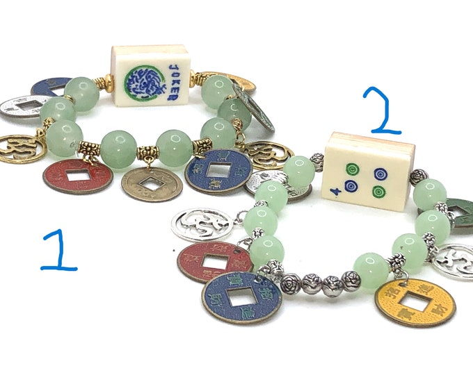 Mahjong charm bracelet in silver or gold tone with mahjong scoring coins