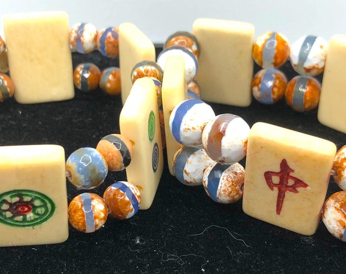Bone Tile Mahjong Bracelet with Natural Blue Tibetan Dzi Agate Stone Beads