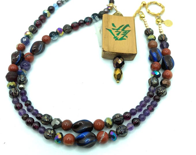 Mahjong necklaces with jewel beads and antique wooden tiles