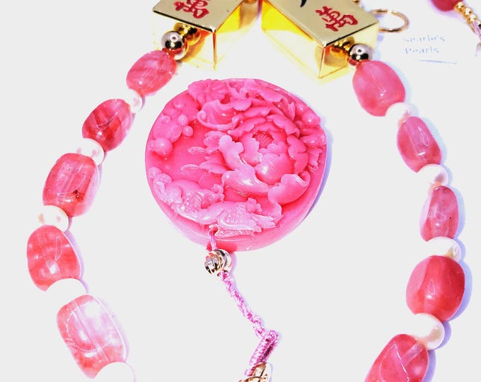 Pink quarts necklace with gold mahjong tiles and carved soapstone pendant