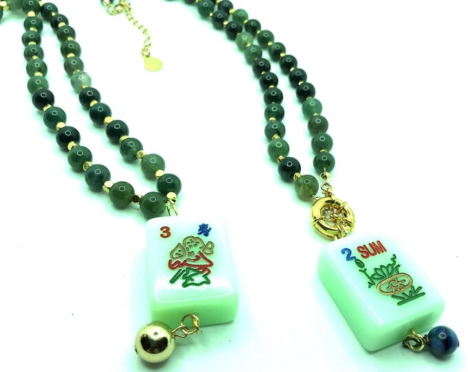 Jade mahjong necklace with green tiles