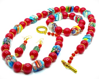 Millefiori and red glass bead necklace