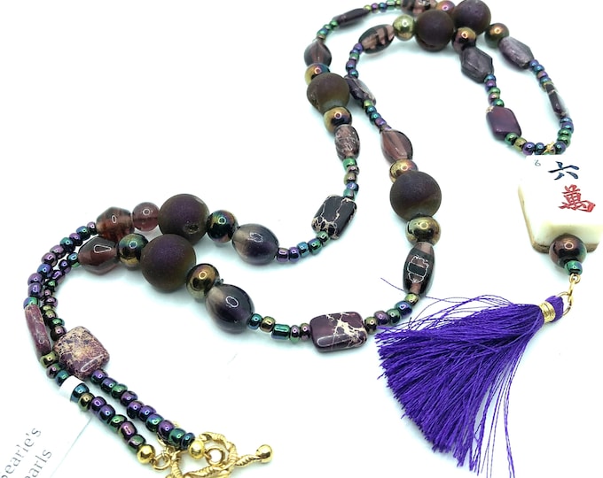 Mahjong necklace with antique 6 crack tile.