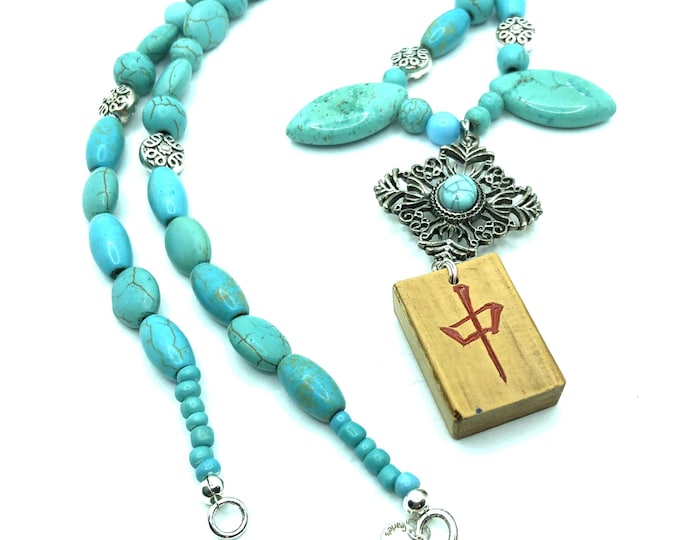 Real and Artificial Turquois Bead Necklace with an Antique Mahjong Tile