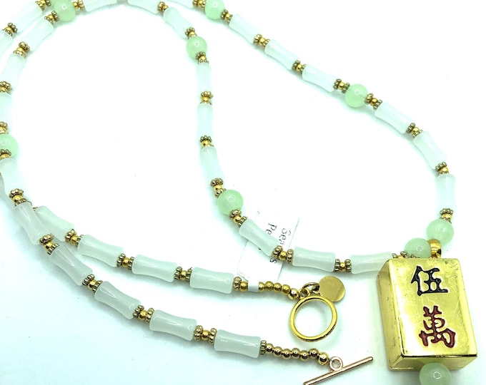 Pale green jade with golden mahjong tile necklace