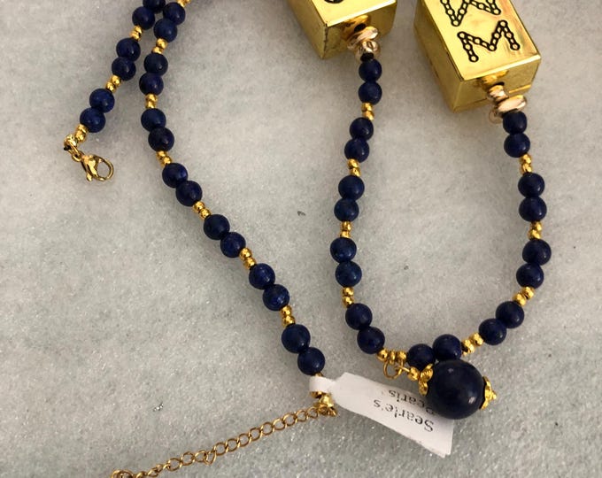 Lapis lazuli necklace with golden mahjong tiles