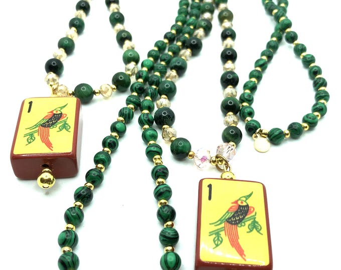 Green Malachite Necklace with and Enrobed Mahjong Tile