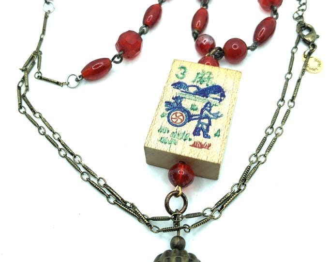 Red Glass Beaded Necklace with Antique Hand Drawn Wooden Mahjong Tile