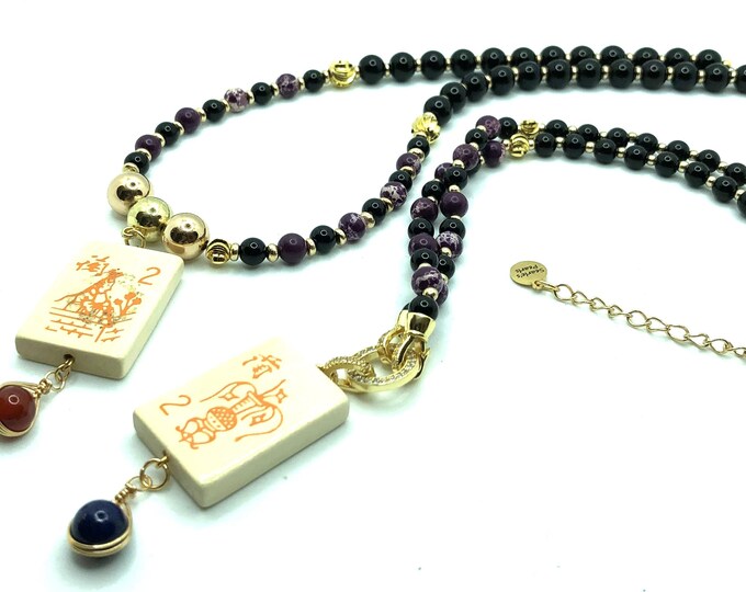 Black and purple beaded mahjong necklace