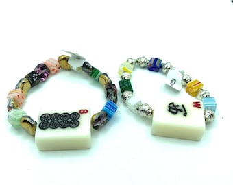 Mahjong bracelet with cubic cane glass beads
