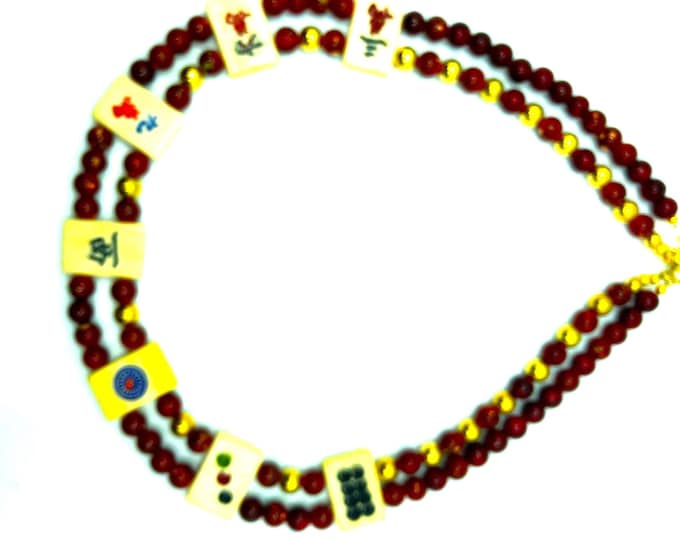 Double mahjong necklace with bone tiles