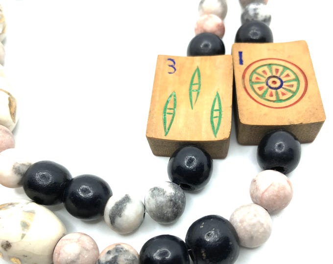 Mahjong necklace with old wooden tiles and ceramic beads