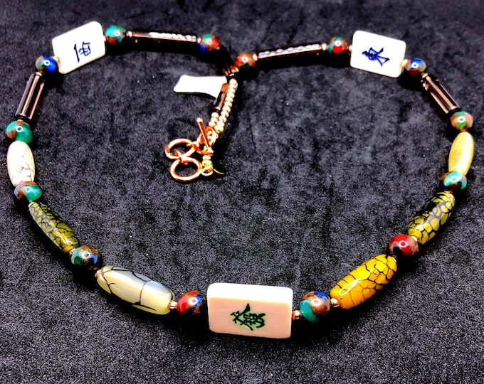 Mahjong necklace with moss agate, glass tubes, and bone tiles