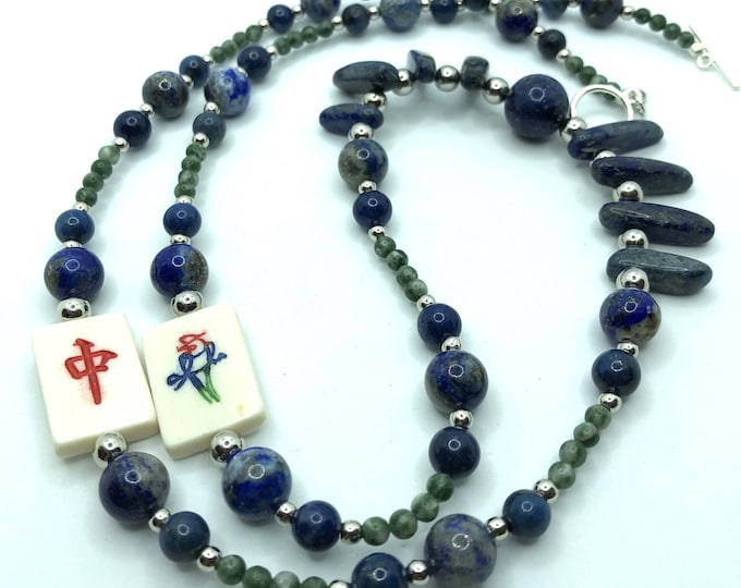 Lapis Lazuli Necklace with Bone Mahjong Tiles