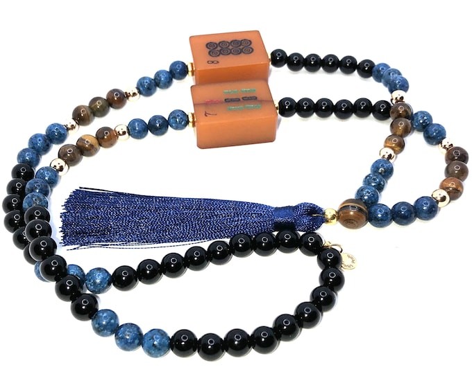 Mahjong necklace of lapis, tiger's eye, onyx and old Bakelite tiles