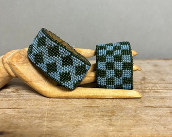 Antique Victorian Embroidered Beadwork Textile Napkin Rings, Blue and Green Checkerboard