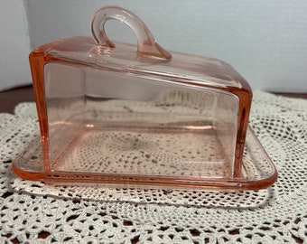 Vintage Pink Depression Glass Square Cheese Butter Dish Box Loop Handle