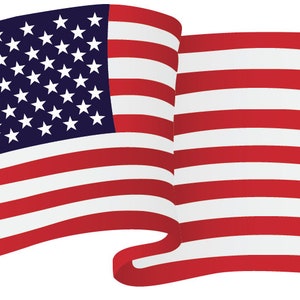 May include: A red, white, and blue American flag waving in the wind.