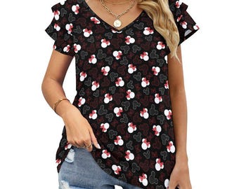 Mickey And Minnie Waffles Women's Ruffle Sleeve V-Neck T-Shirt