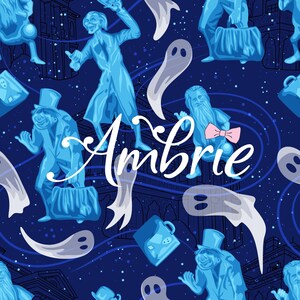 May include: A repeating pattern on a dark blue background featuring cartoon ghosts and figures in blue, with the word "Ambrie" in white script. The design includes various characters and floating objects.