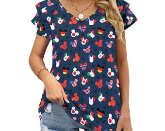 Mickey Flags Women's Ruffle Sleeve V-Neck T-Shirt