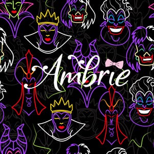 May include: A black background featuring a repeating pattern of cartoon villain characters in neon colours. The word "Ambrie" is written in cursive with a pink bow tie. Characters include Ursula, the Evil Queen, and Jafar.