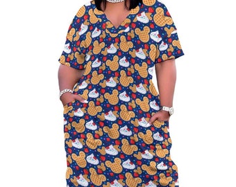 Waffles Women's V-neck Loose Dress With Pockets
