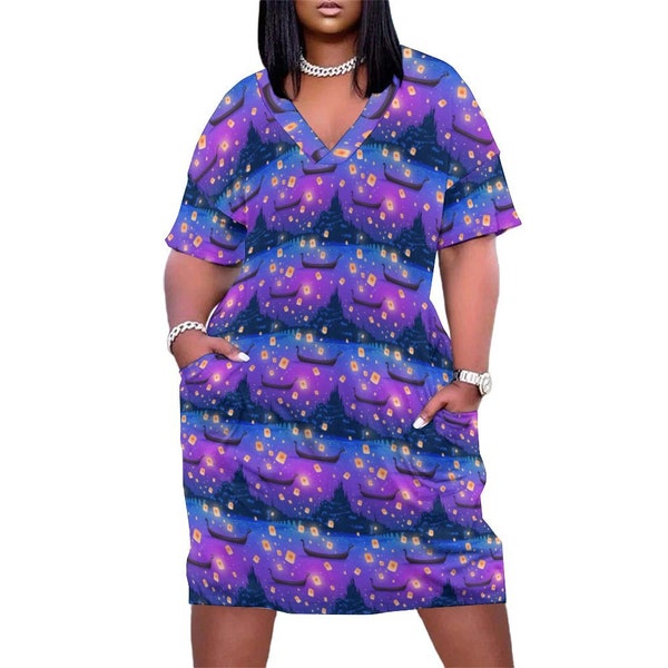 Floating Lanterns Women's V-neck Loose Dress With Pockets