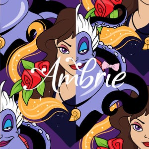 May include: A repeating pattern featuring a split-face design of a woman and a sea witch, with the name "Ambrie" in white script. The design includes red roses, gold swirls, and a purple and dark blue background.